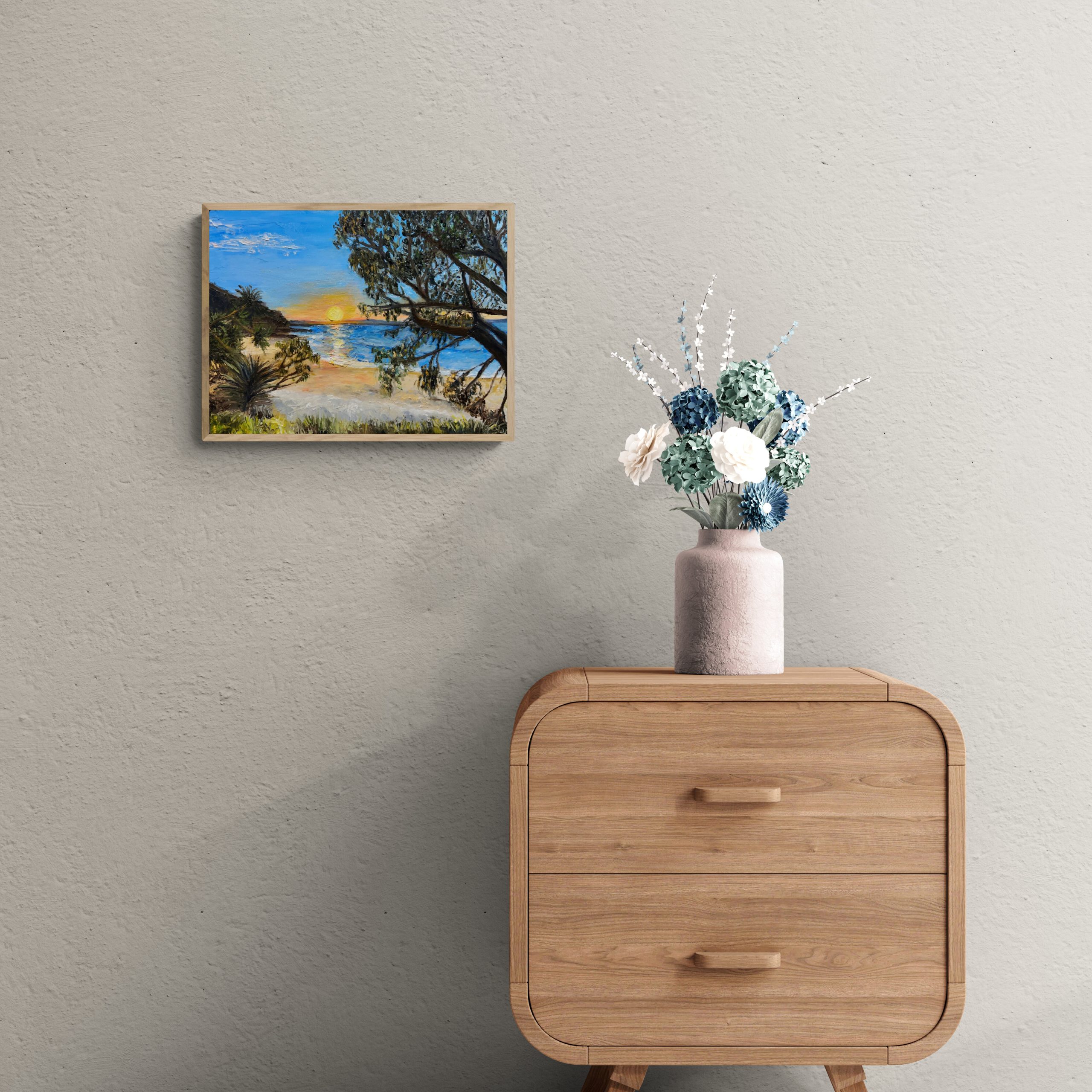 Colorful Flowers On Small Wooden Cabinet