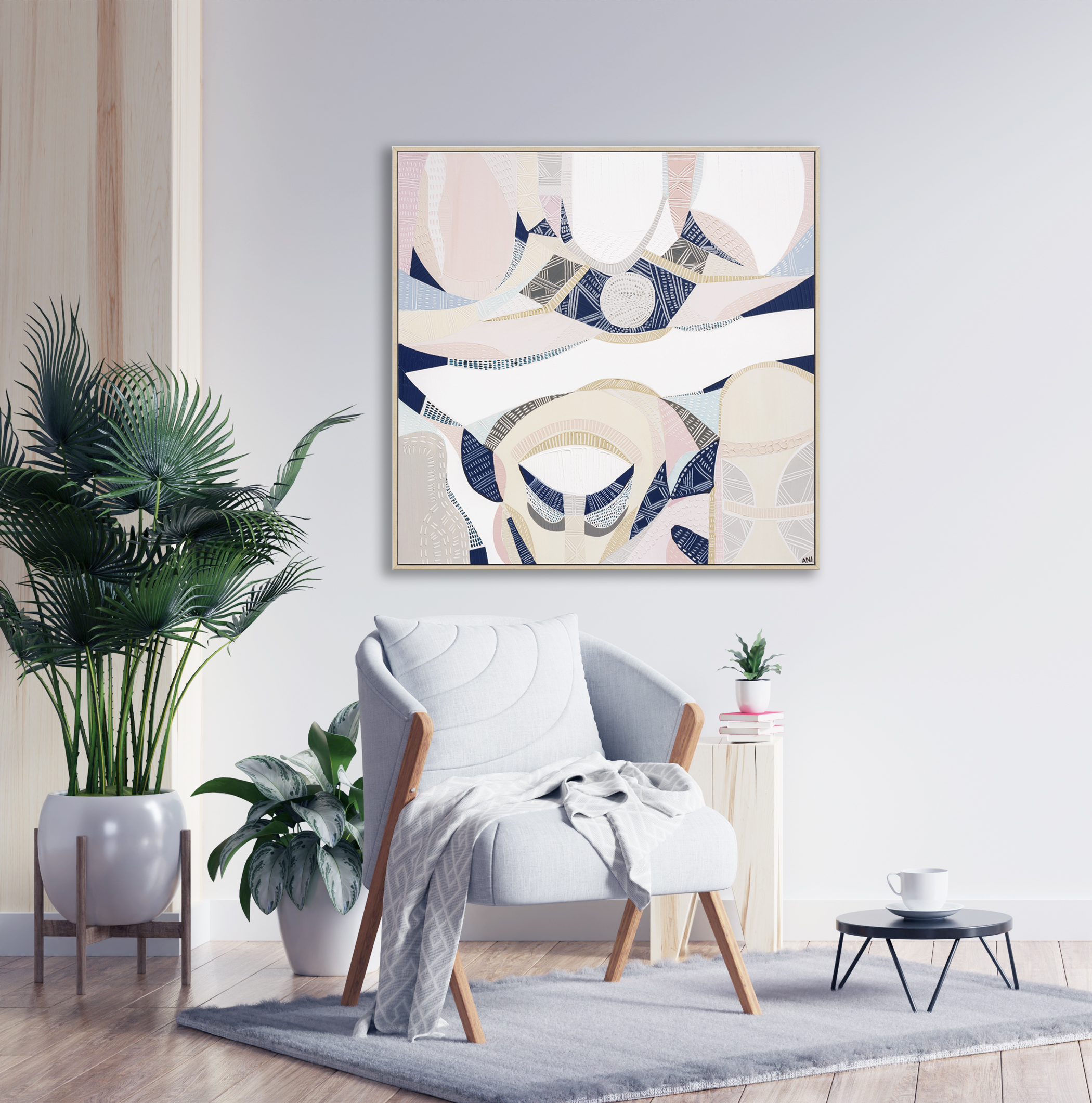 Modern Minimalist Interior With A Gray Armchair On Empty White W