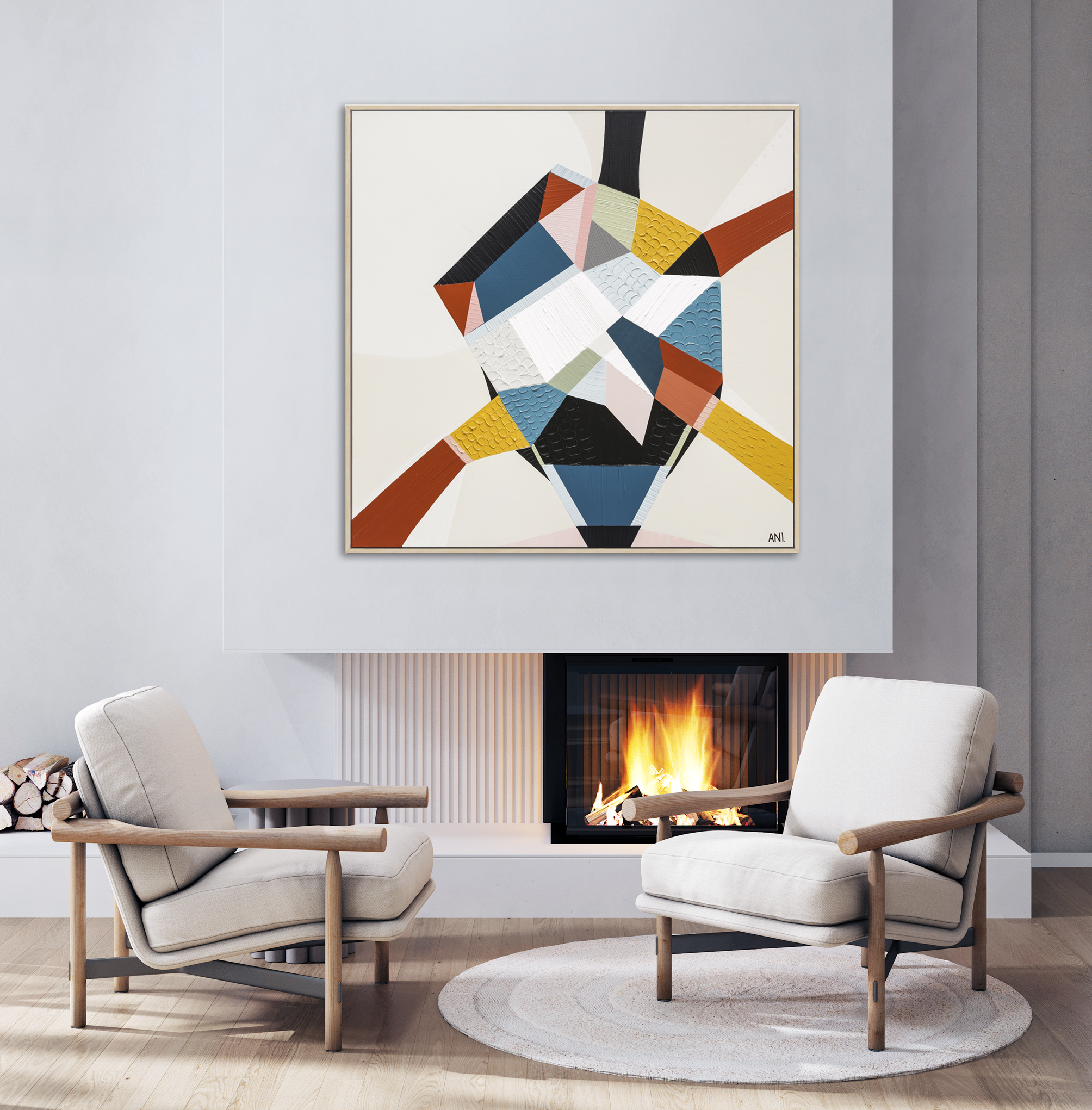 Minimalist Living Room Interior With Modern Fireplace, Armchair