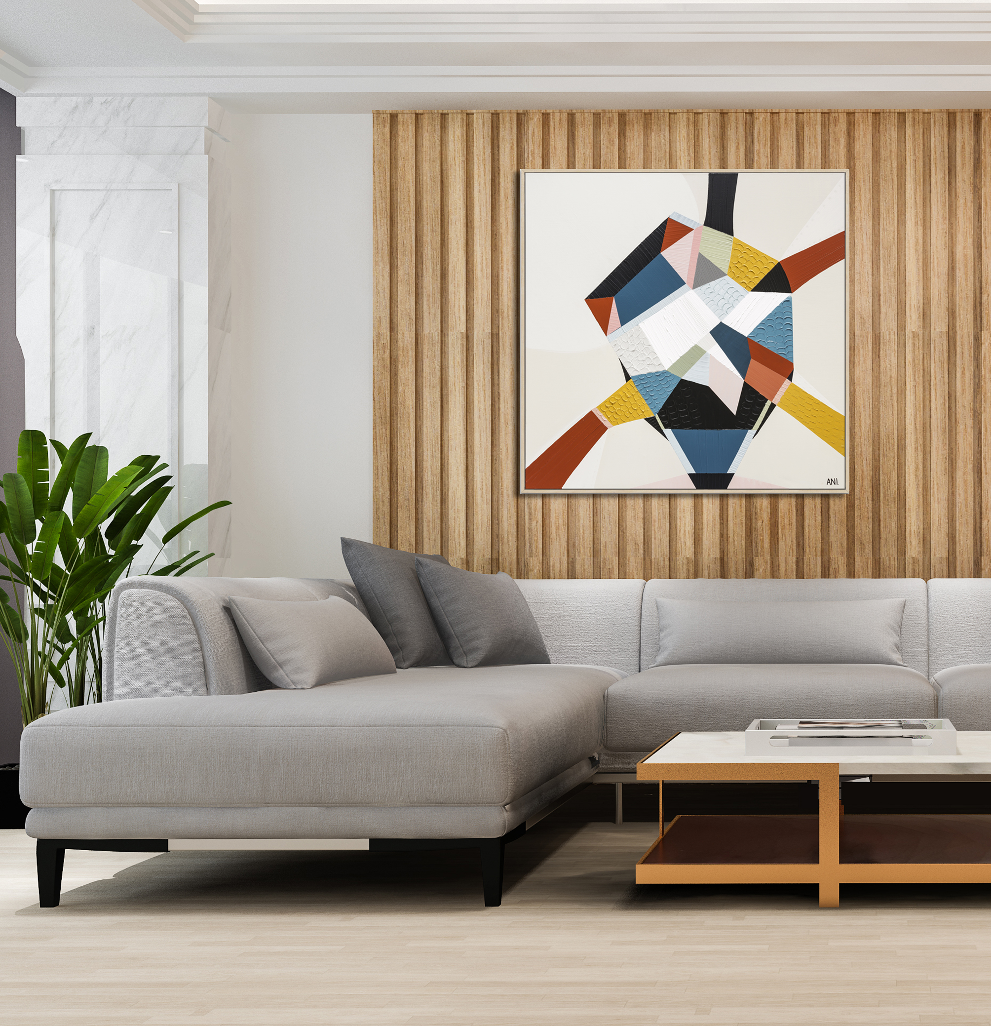 3d Rendering Mock Up Wood Decor In Living Room With Sofa Contemp