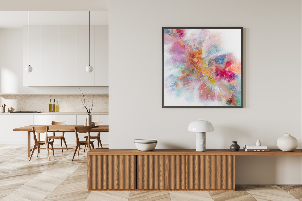 Stylish Kitchen Interior With Drawer And Cooking Zone With Table. Mockup Frame