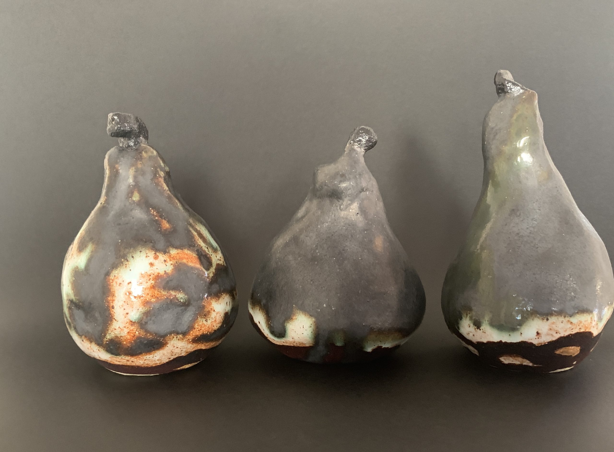 Kim Rees Pear Sculptures Set Of 3 Glazed Copper And Rust On Black