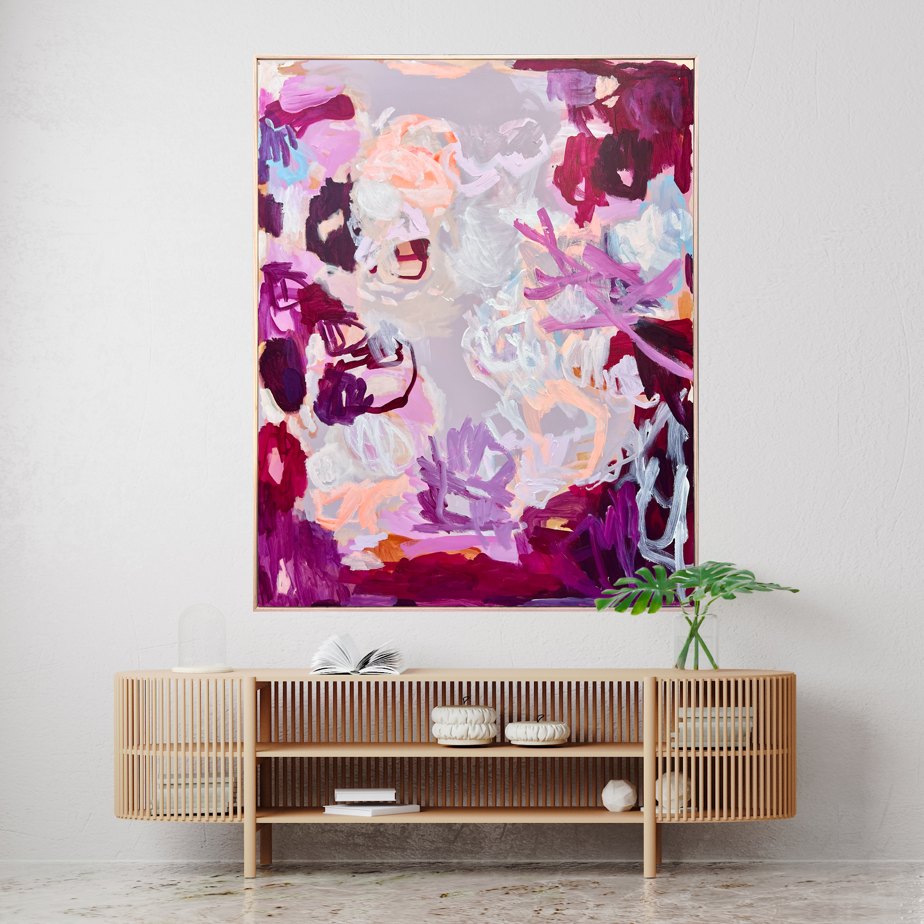 Horizontal Picture Frame Mock Up In Modern Room Interior In White Color With Arch, Wooden Furniture, 3d Rendering