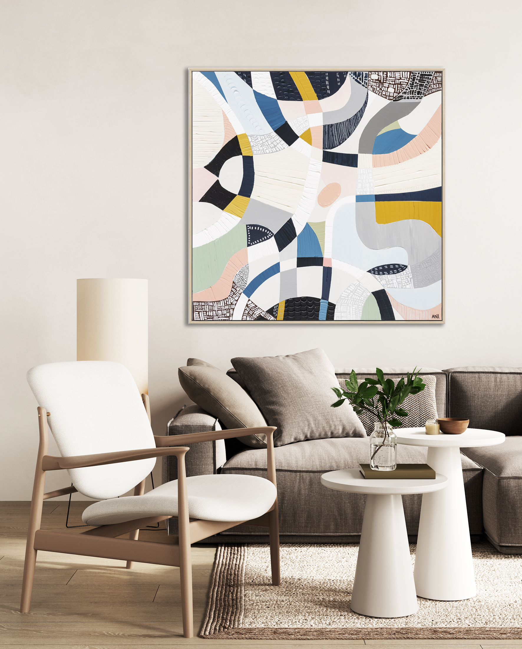 Big Frame Mockup In Stylish Beige Interior Space, 3d Rendering