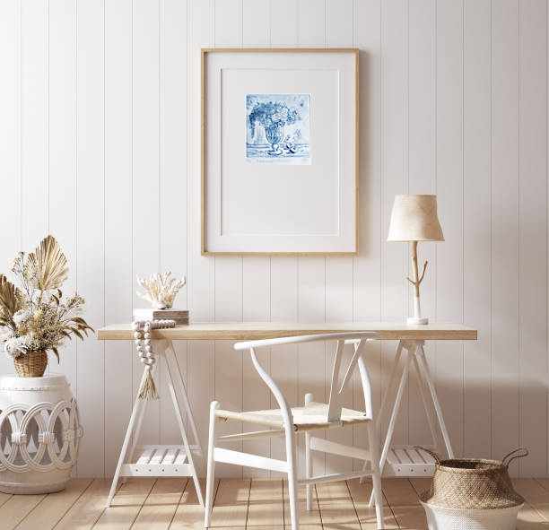 Poster Mock Up In Home Office Interior Background, Coastal Style, 3d Render