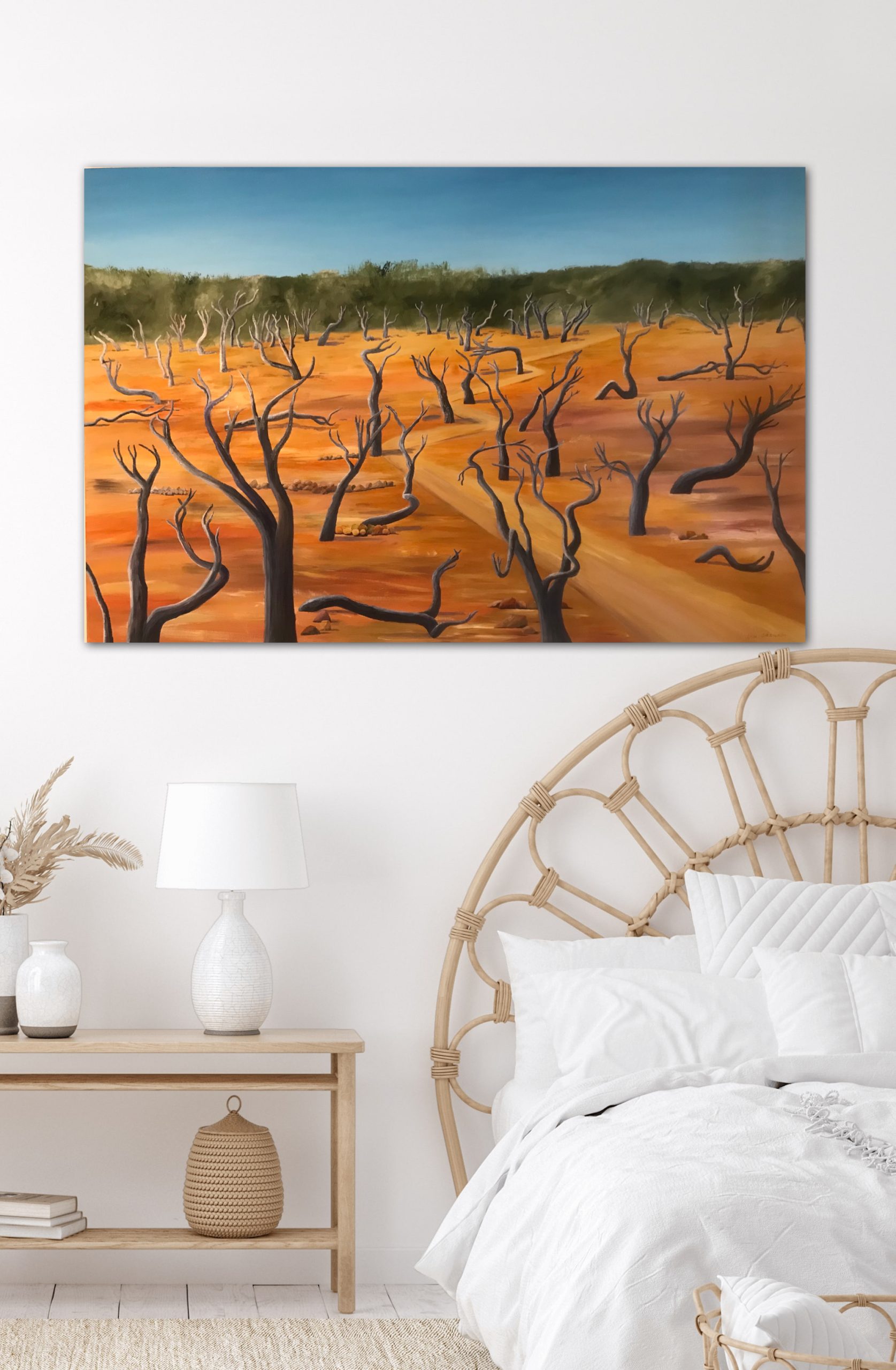 Lyn Graham Twisted Forest Oil On Poly Cotton 122 X 91.5 In Situ Bed 2
