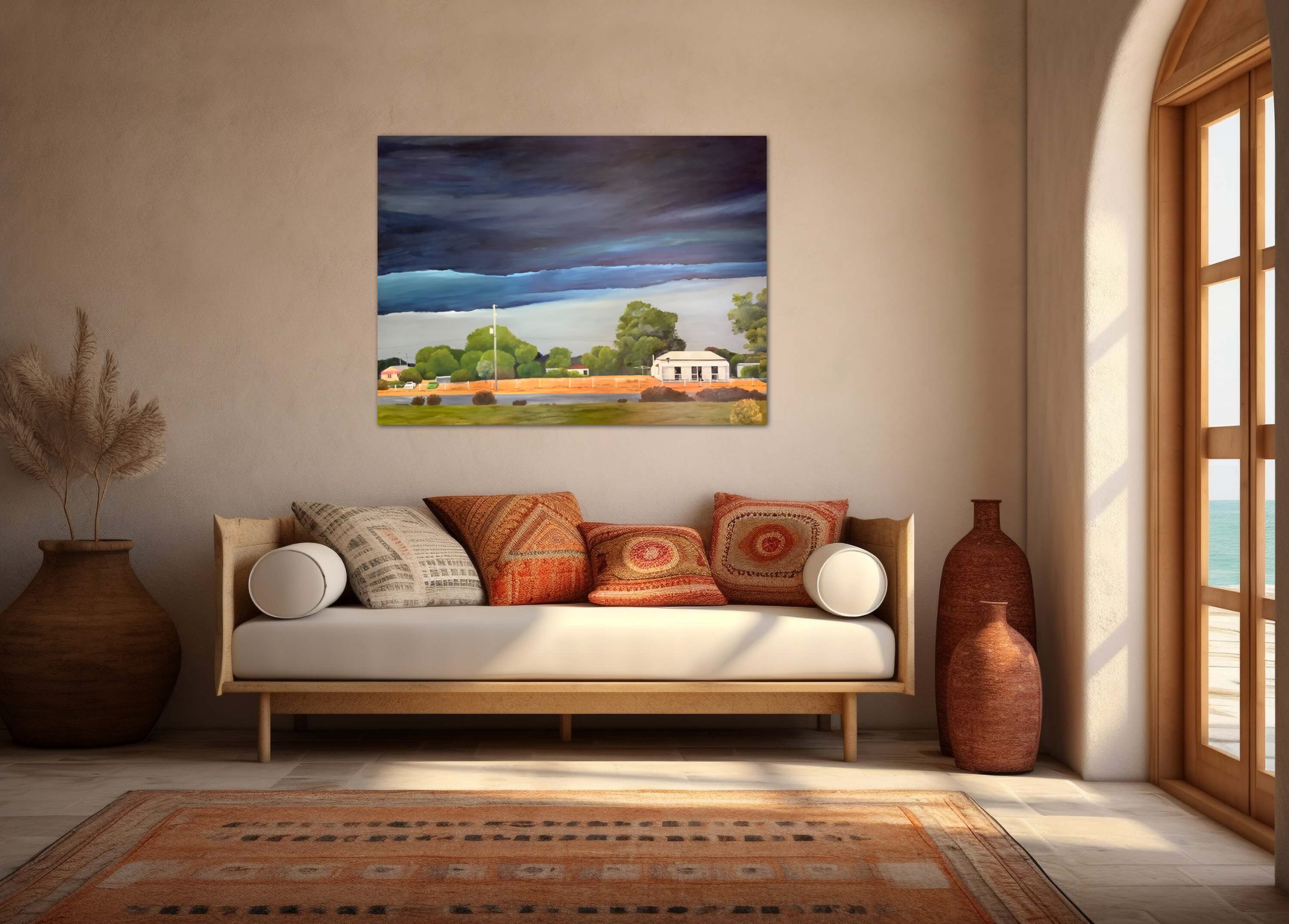 Lyn Graham Storm Coming Cunnamulla Oil On Poly Cotton Canvas 122 X 91.5 In Situ Lounge