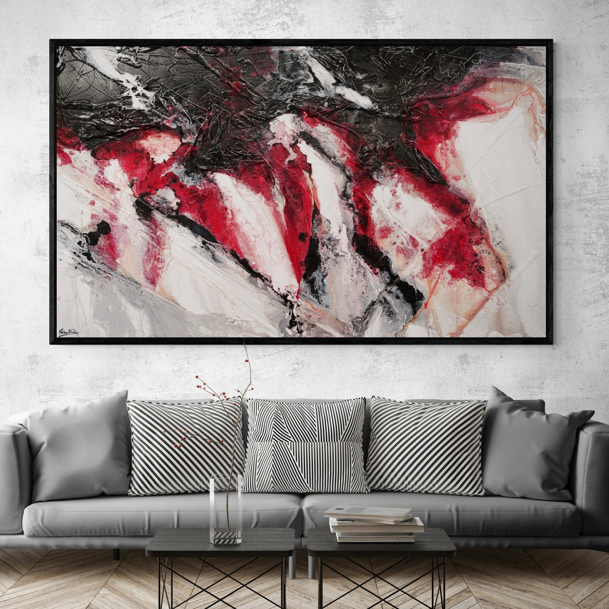 Comfy Long Sofa With Striped Cushions In Lounge