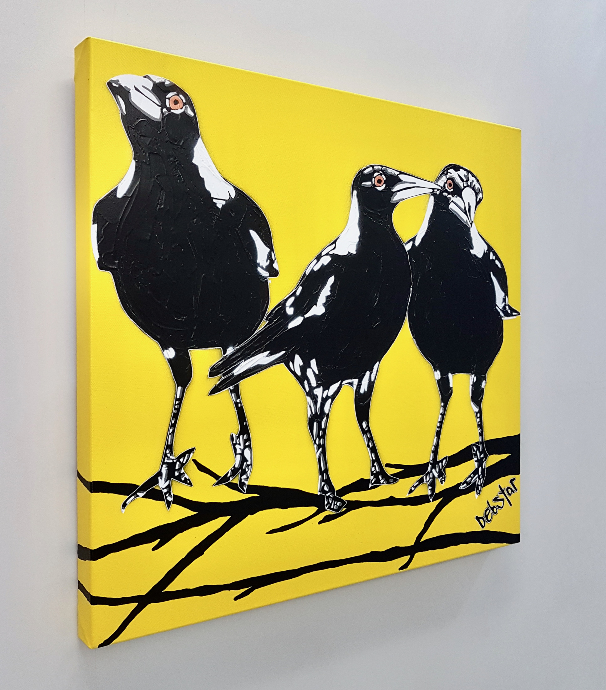 Magpies 3's Trouble Yellow Pop Popart Deborah Lang Art Urban Canvas 3