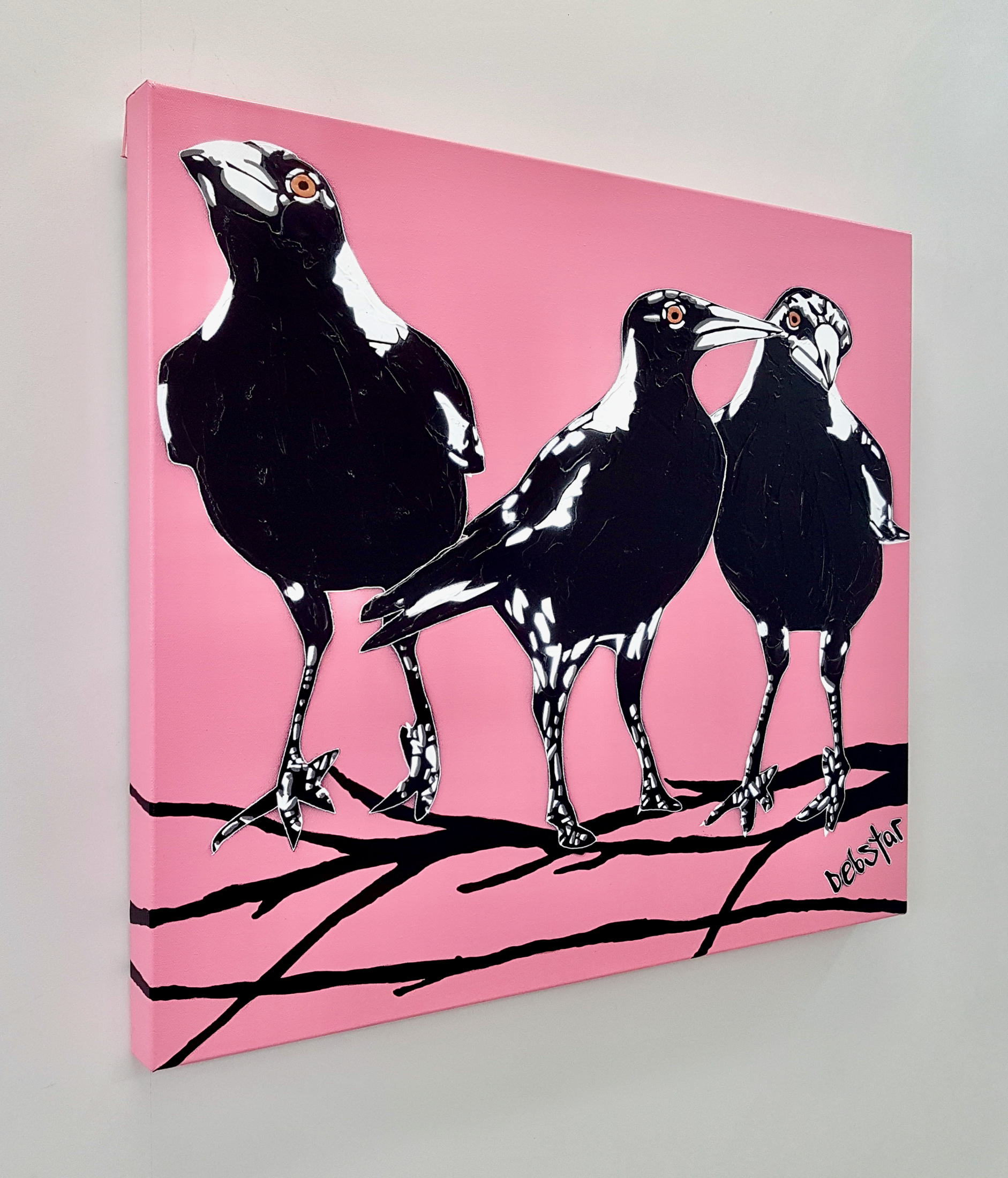 Magpies 3's Trouble Pink Pop Popart Deborah Lang Art Urban Canvas 3