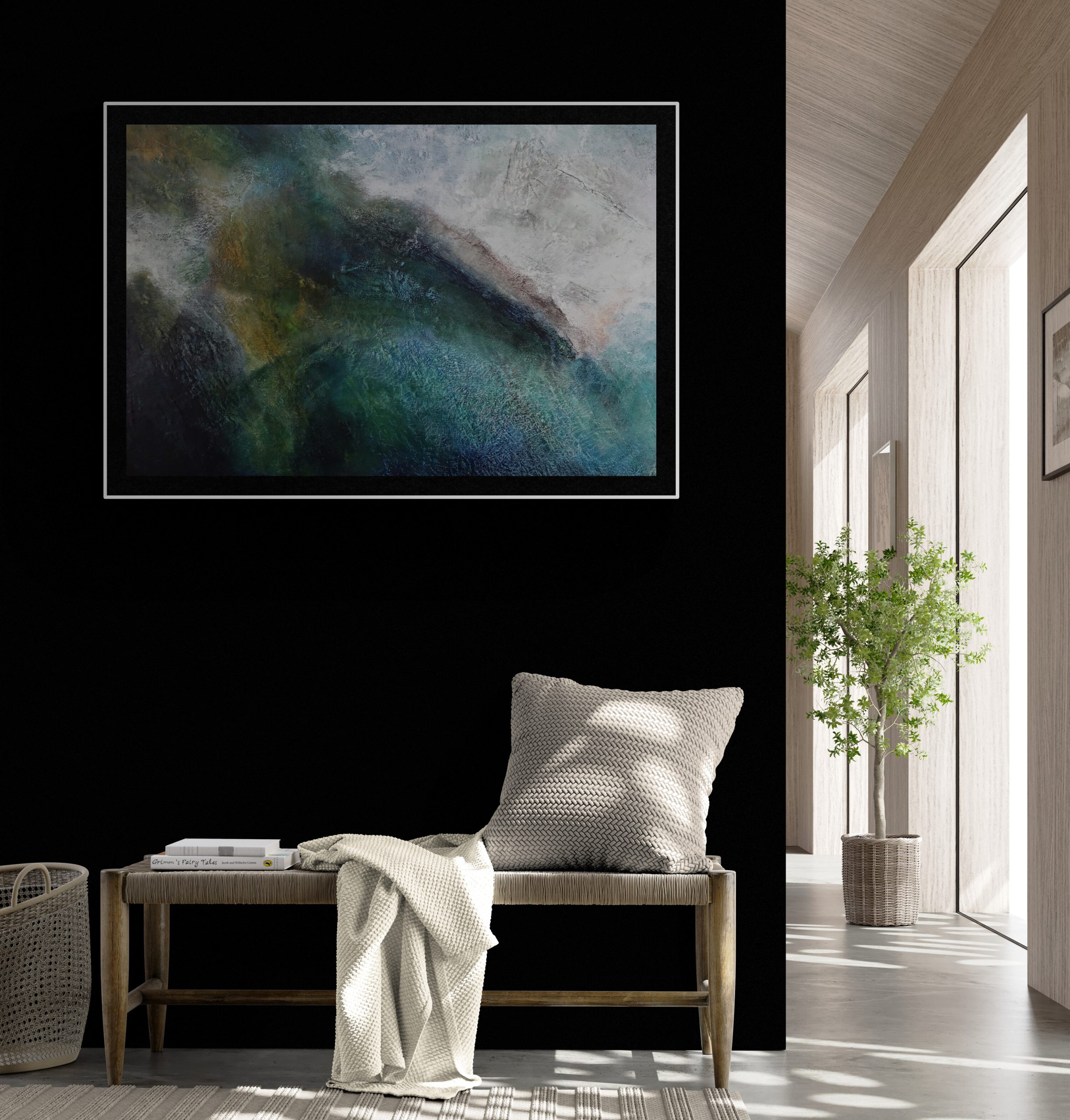 Canvy Blue Diamond Feature Wall In Boho Living Room