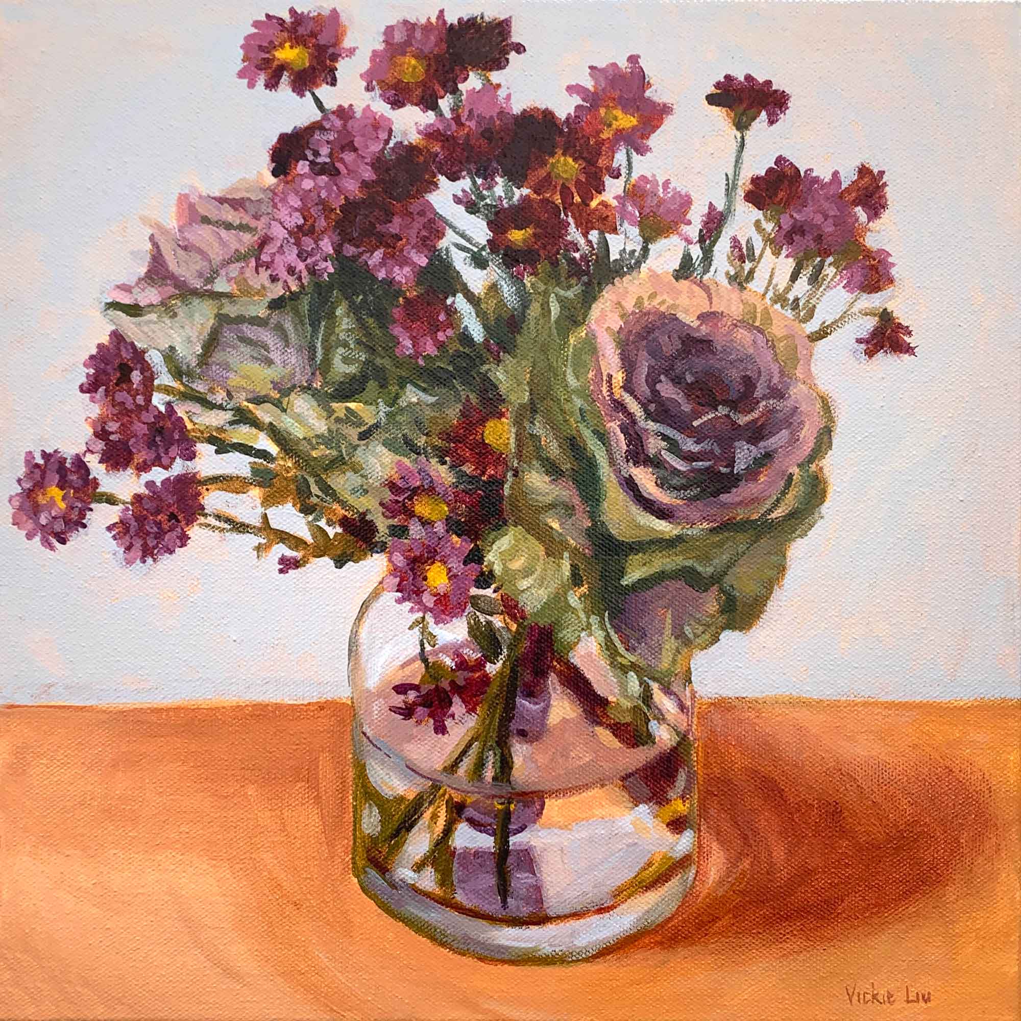 Vickie Liu Purple Cabbage And Daisy Bouquet Still Life Painting 30x30cm