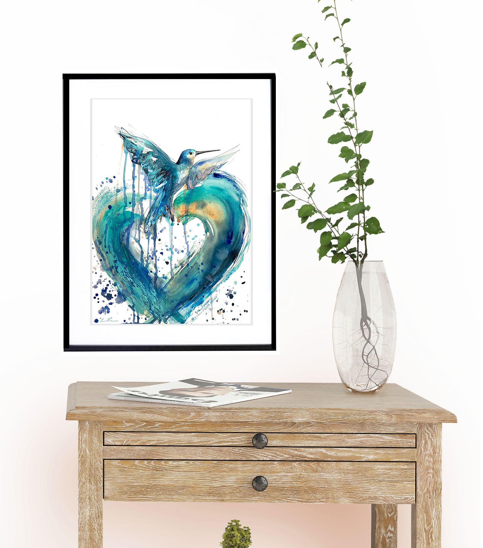 Sydney Artist Leni Kae Hummingbird Heart In Blue Interior Design Black Frame