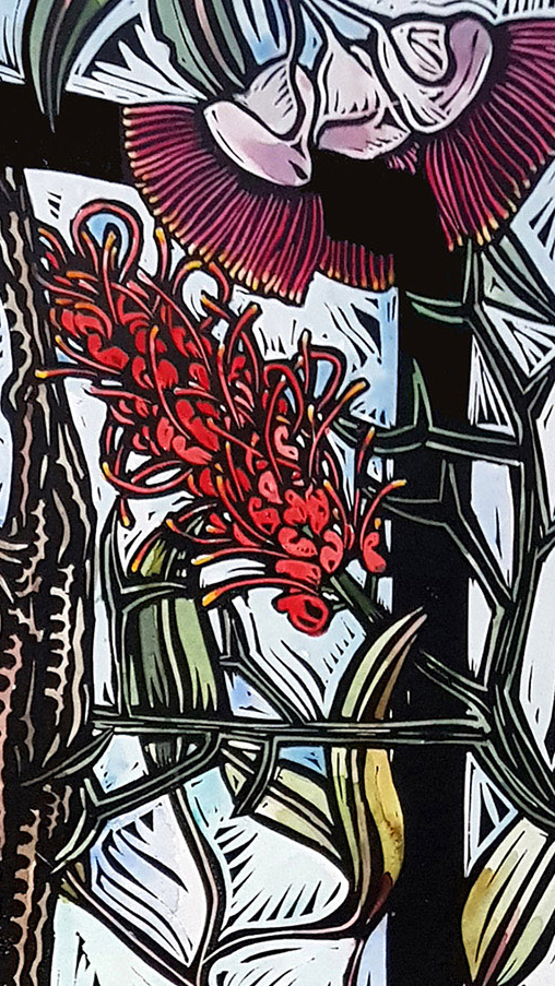 Entwined By Nicola Cowie Detail Linocut Watercolour