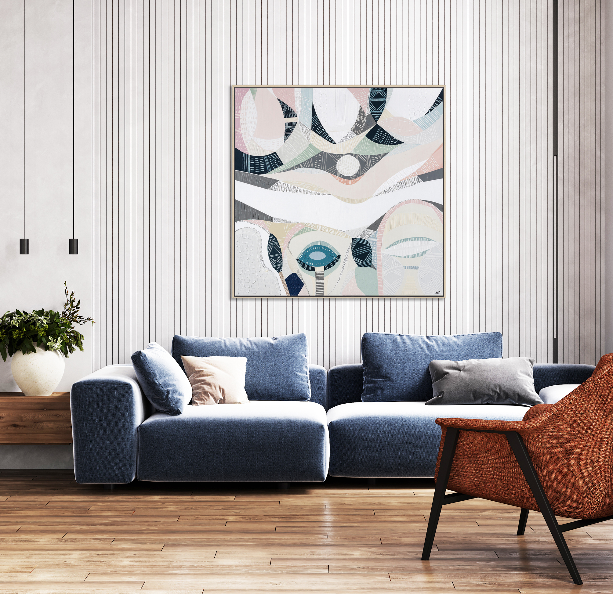 Stylish Interior Of Bright Living Room With Blue Sofa And Armcha