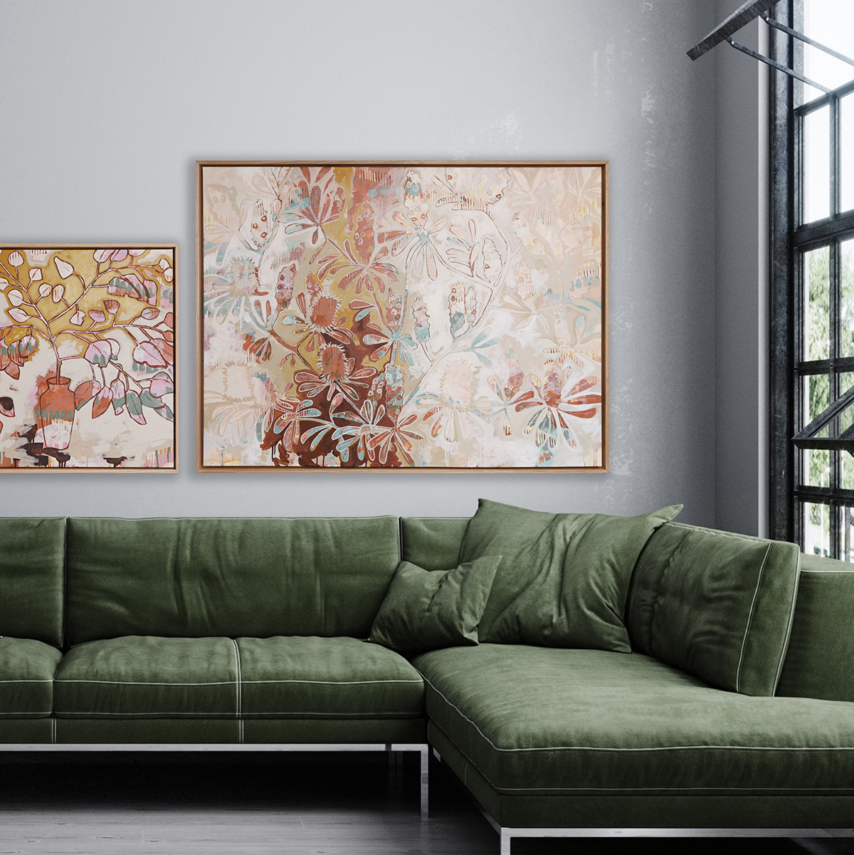 Stylish Interior Of Bright Living Room With Green Sofa And Plant