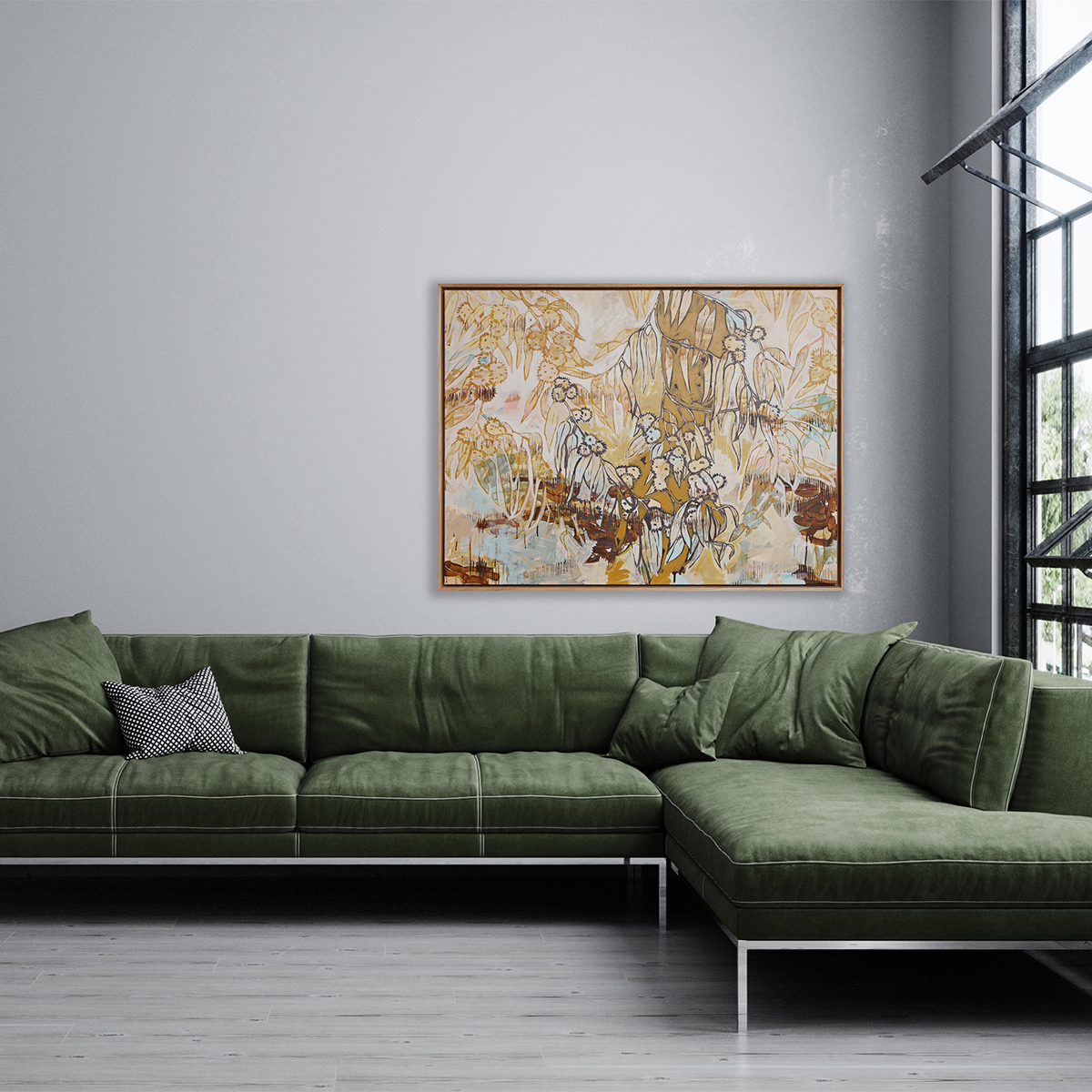 Stylish Interior Of Bright Living Room With Green Sofa And Plant