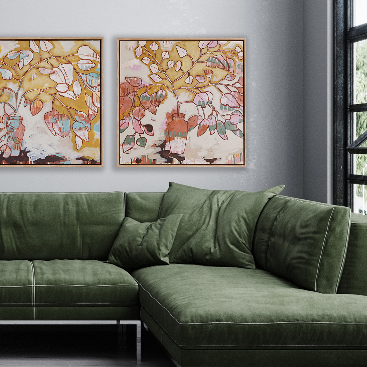 Stylish Interior Of Bright Living Room With Green Sofa And Plant