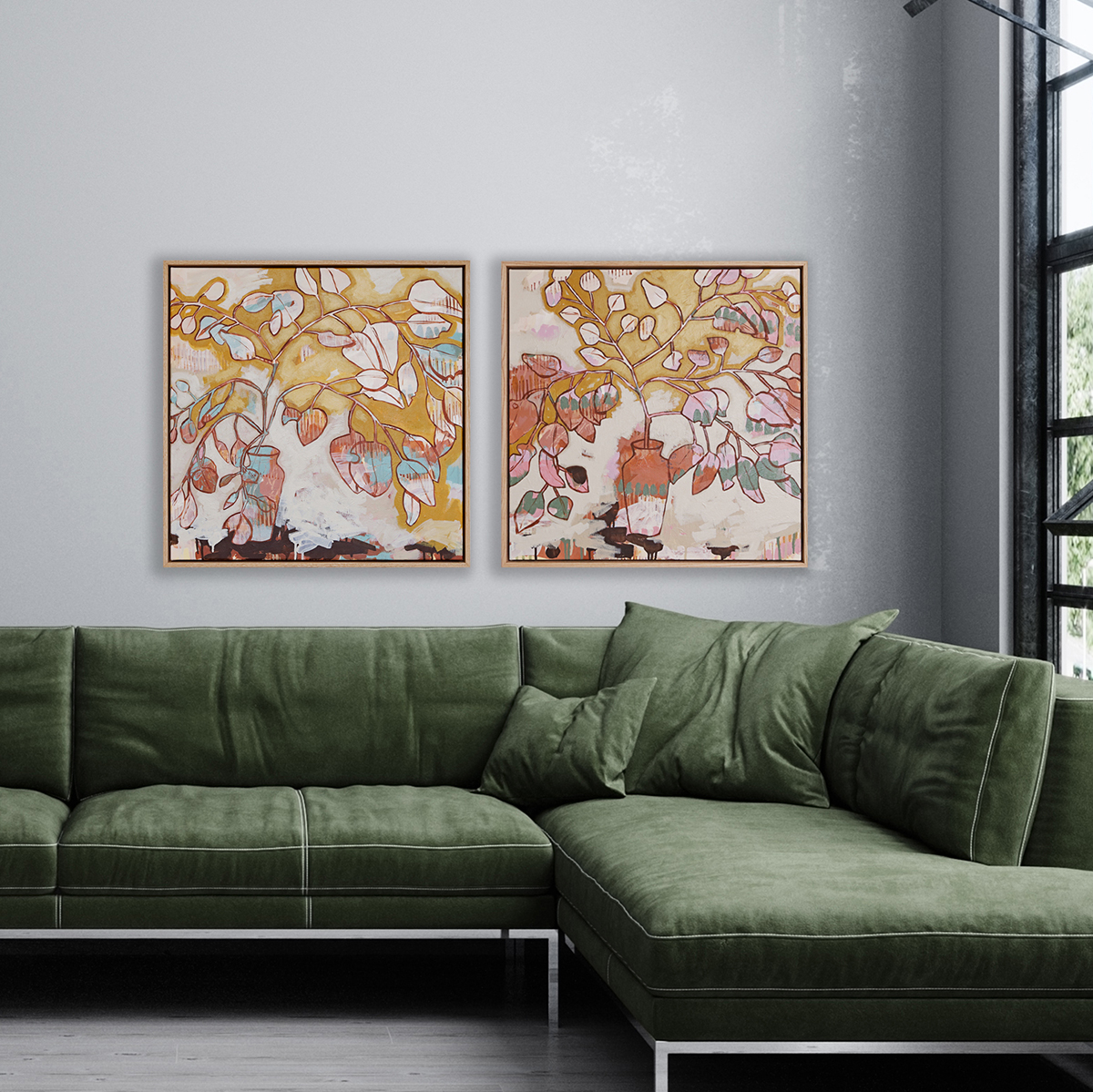 Stylish Interior Of Bright Living Room With Green Sofa And Plant