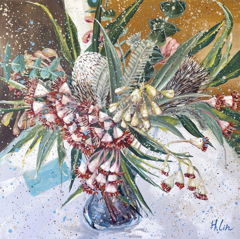 Glowing Radiance – Orange Banksia and Eucalyptus Blossoms in A Vase