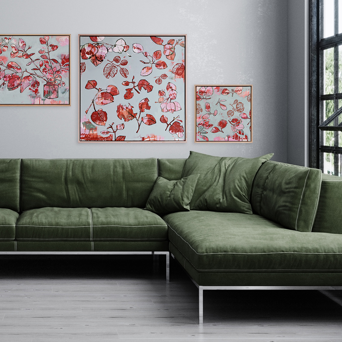 Stylish Interior Of Bright Living Room With Green Sofa And Plant