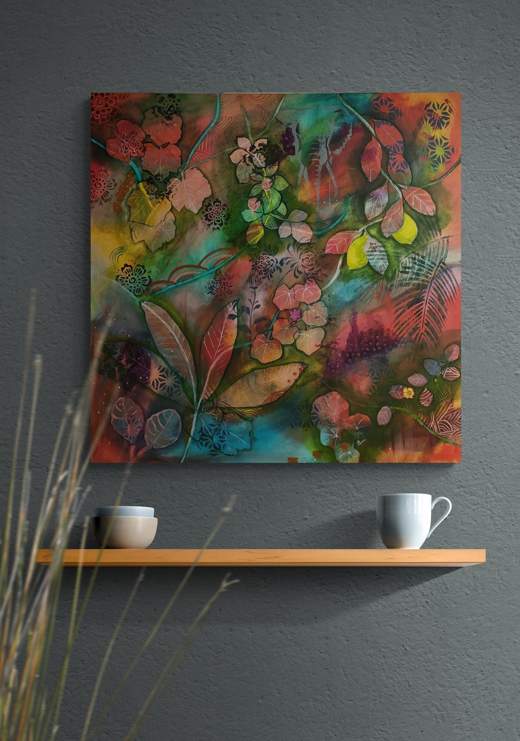 Mug And Bowls Sitting On Wooden Shelf