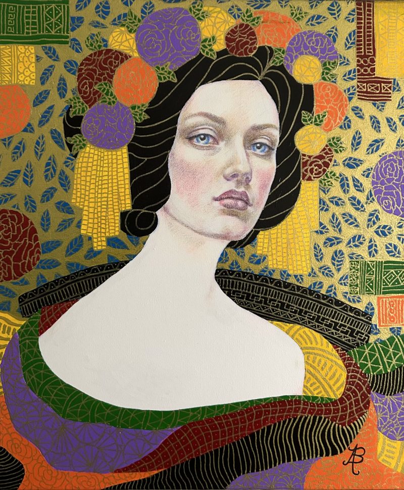 Chantelle – portrait of a young woman, after Klimt, Art Nouveau, naive