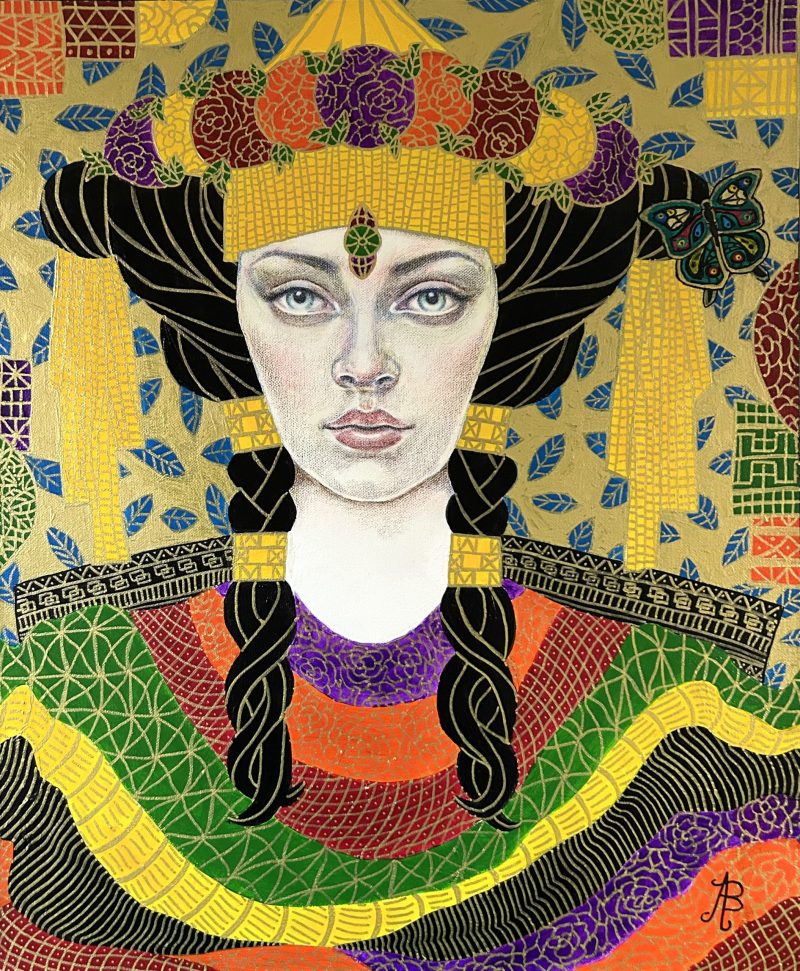Odette – portrait of a young woman, after Klimt, Art Nouveau, naive