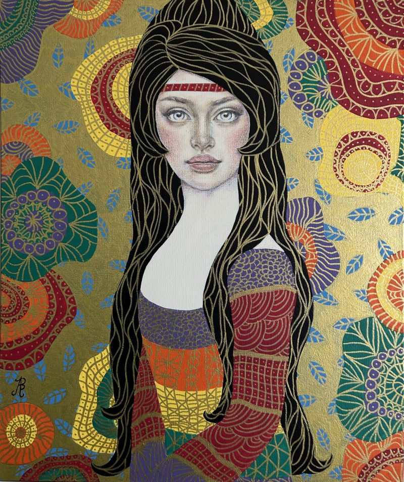 Celestine – portrait of a young woman, after Klimt, Art Nouveau, naive