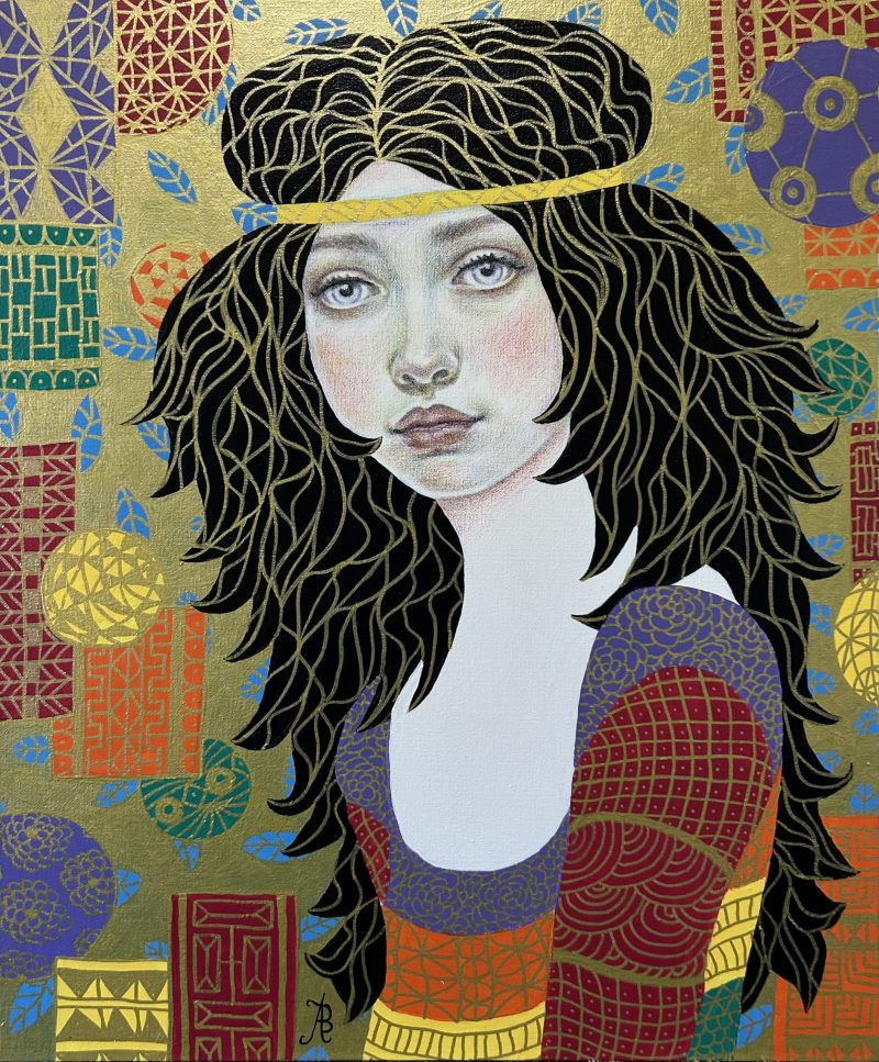 Leonie – portrait of a young woman, after Klimt, Art Nouveau, naive