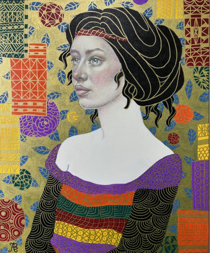Corinne – portrait of a young woman, after Klimt, Art Nouveau, naive