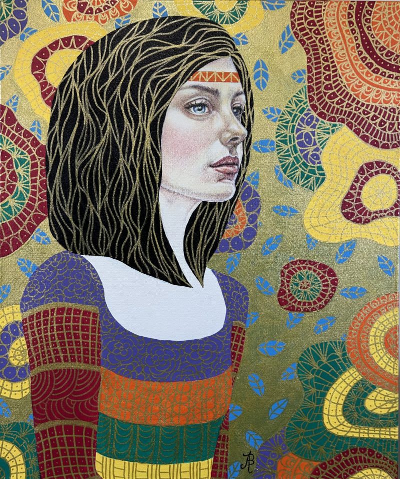Liliane – portrait of a young woman, after Klimt, Art Nouveau, naive