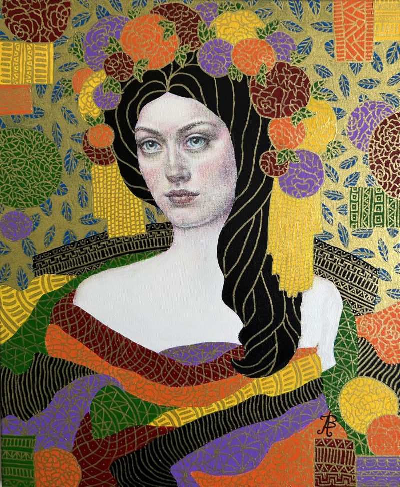 Mirielle – portrait of a young woman, after Klimt, Art Nouveau, naive