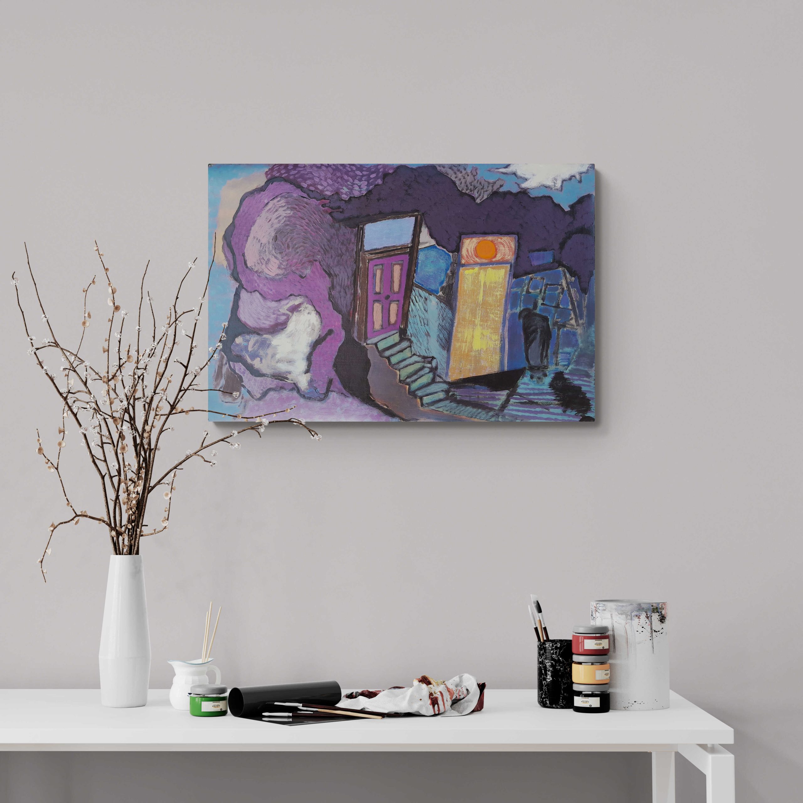 Art Studio Table With Flowering Plant