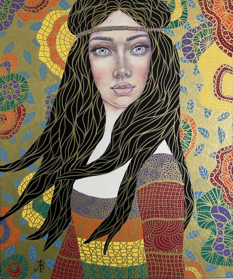 Veronique – portrait of a young woman, after Klimt, Art Nouveau, naive