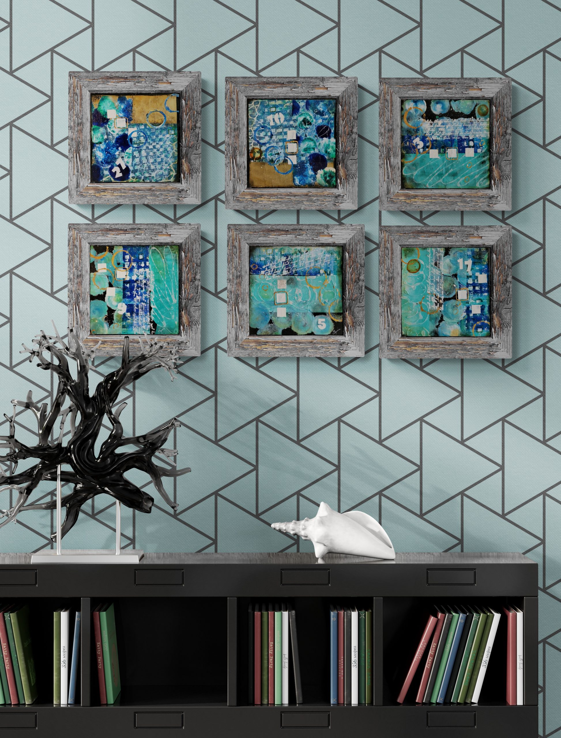 Ornaments Sitting On Black Bookcase Resized