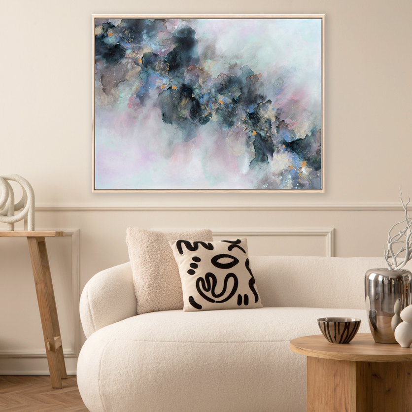 Creative Composition Of Living Room Interior With Mock Up Poster Frame, White Sofa, Round Coffee Table, Wooden Bench, Vase With Branch, Wall With Stucco And Personal Accessories. Home Decor. Template.