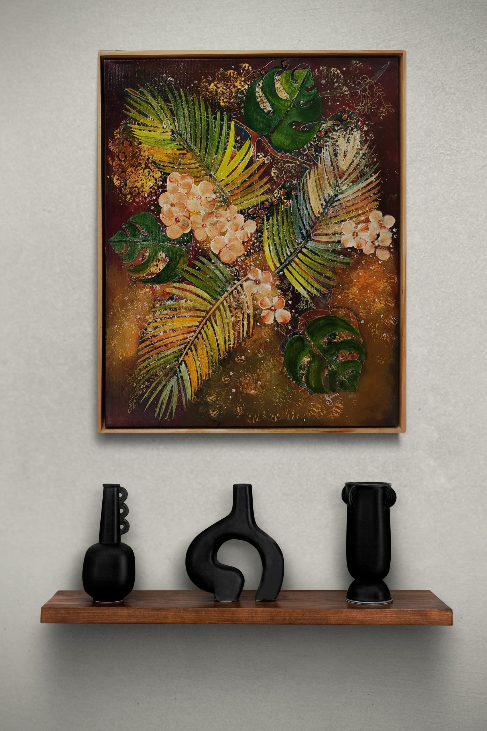 Wooden Shelf With Contemporary Black Vases Resized