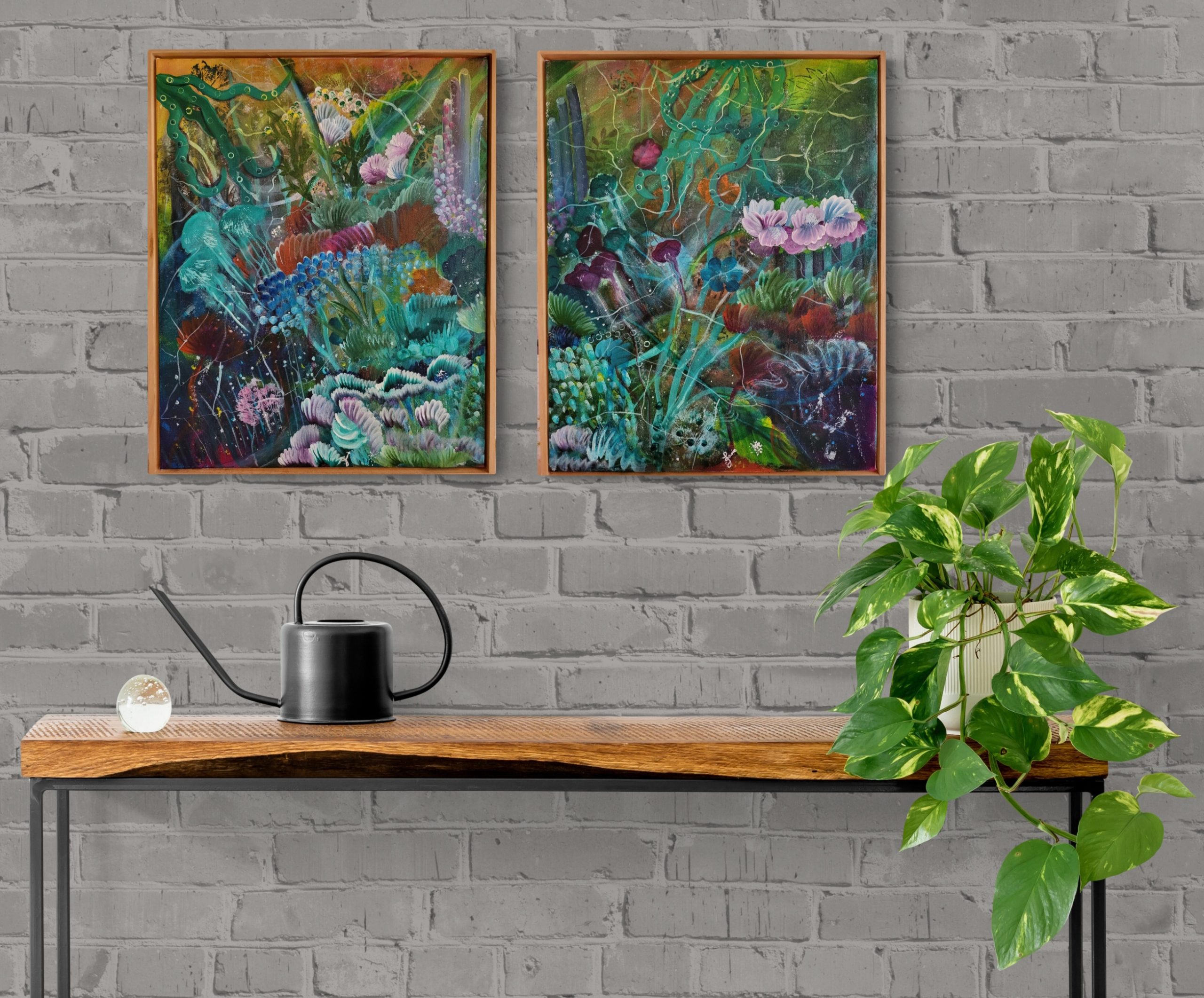 Wooden Console Table With Plant And Watering Can Resized