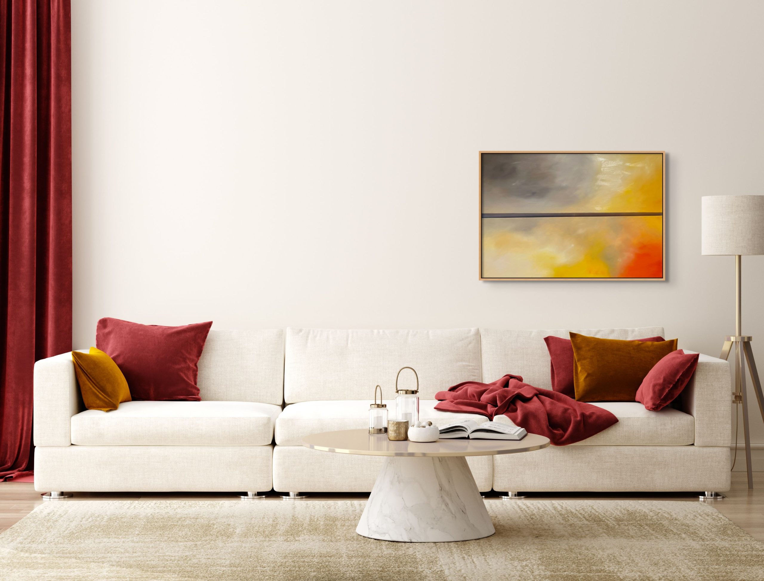 Colour Field 10 Diptych White Couch Red Pillows