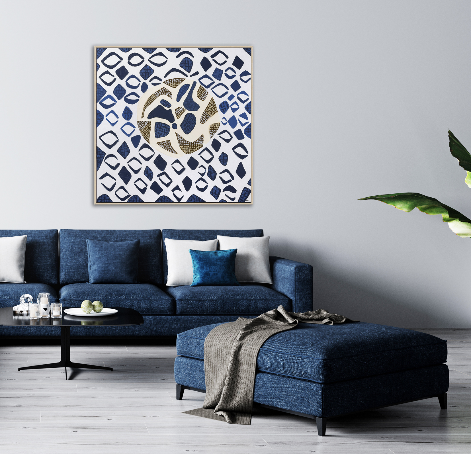 Stylish Interior Of Bright Living Room With Blue Sofa And Coffee