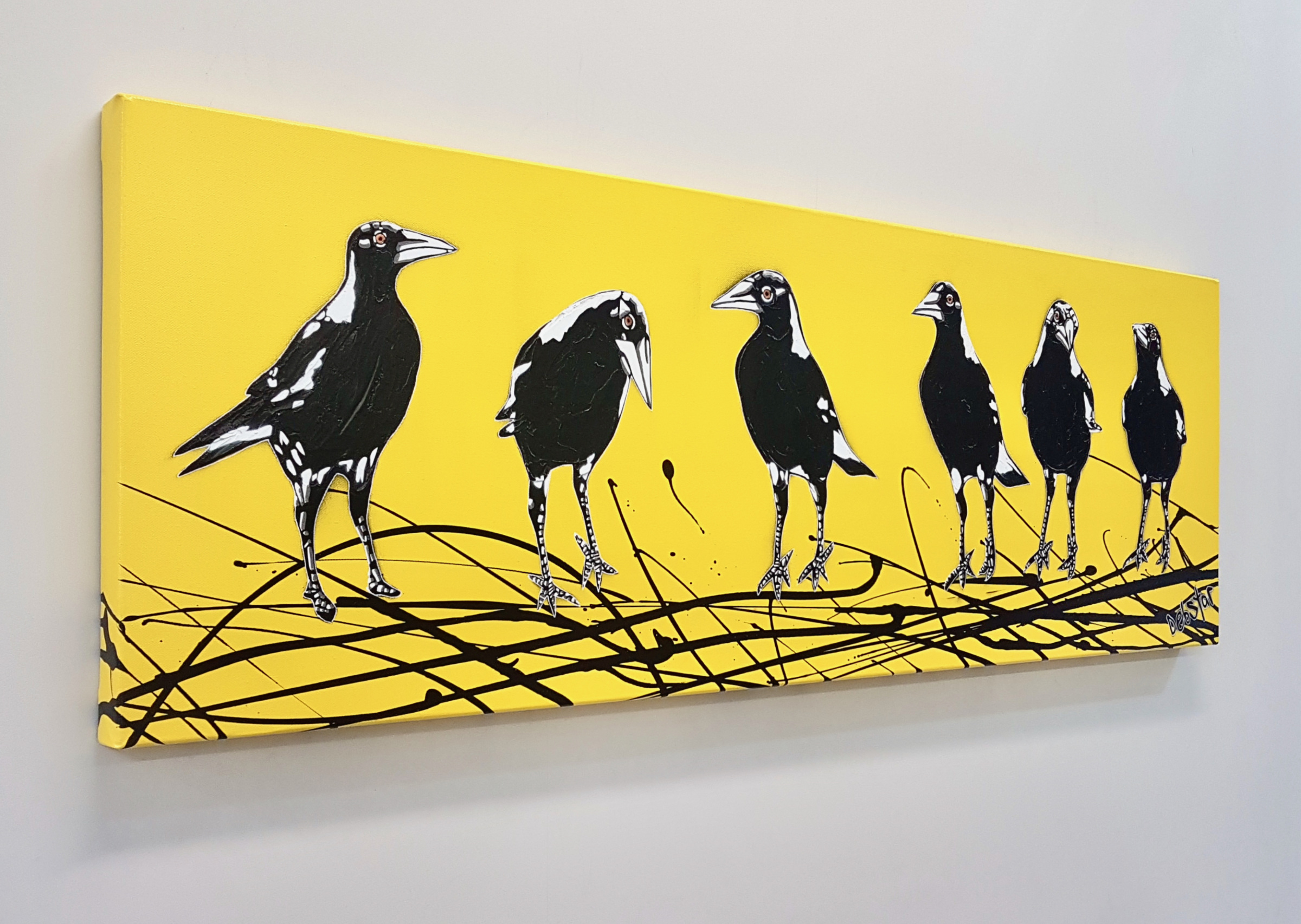 Mischief Of Magpies! Yellow Pop Popart Deborah Lang Art Urban Canvas 3