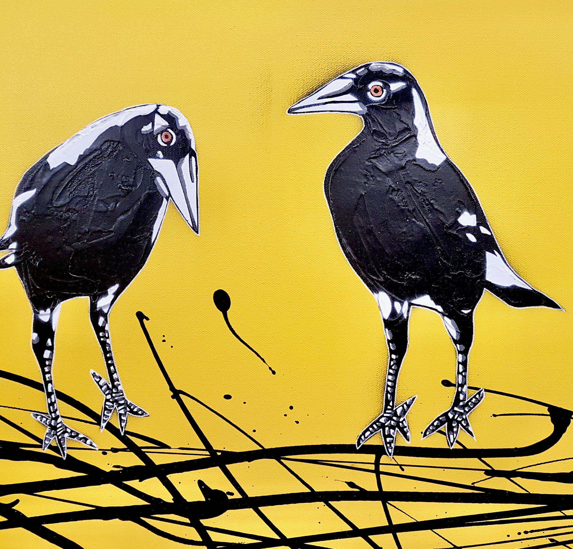 Mischief Of Magpies! Yellow Pop Popart Deborah Lang Art Urban Canvas 4