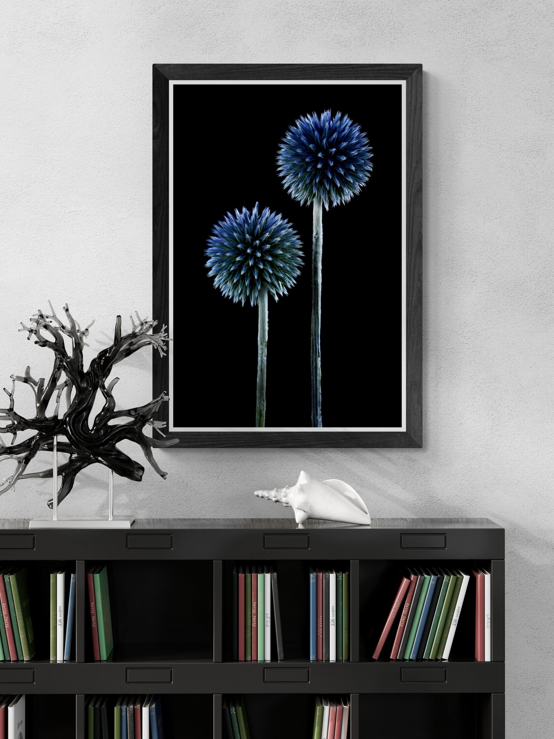 Ornaments Sitting On Black Bookcase (1)