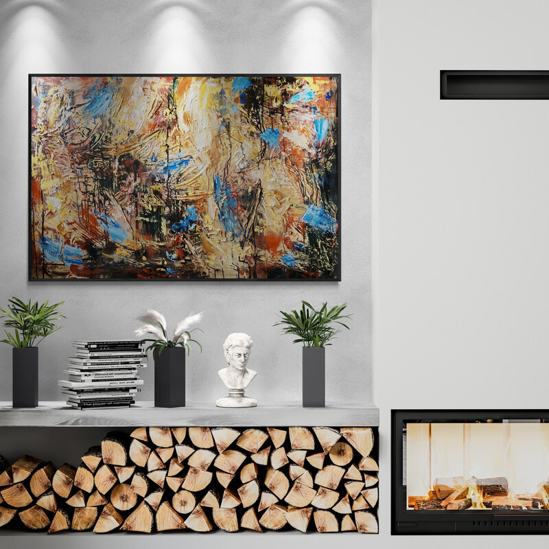 Living Room With Fireplace And Spotlit Wall