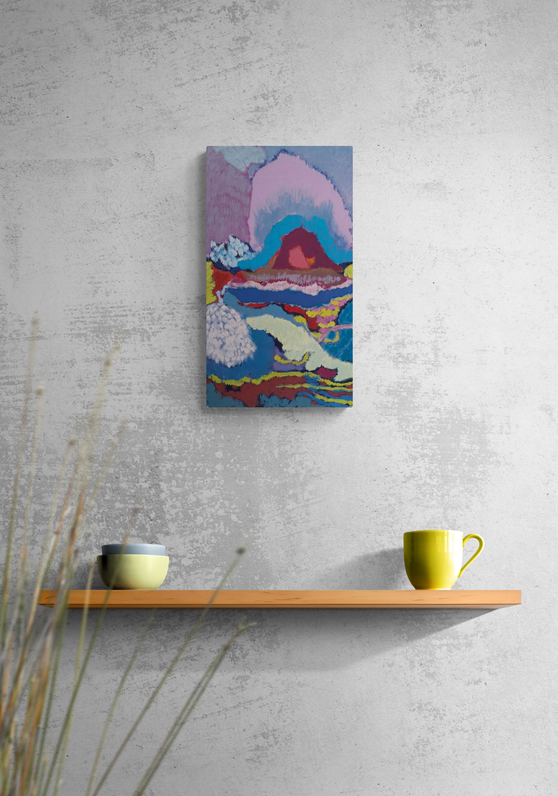 Mug And Bowls Sitting On Wooden Shelf