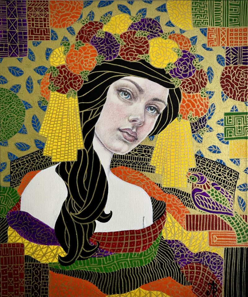 Audette – portrait of a young woman, after Klimt, Art Nouveau, naive
