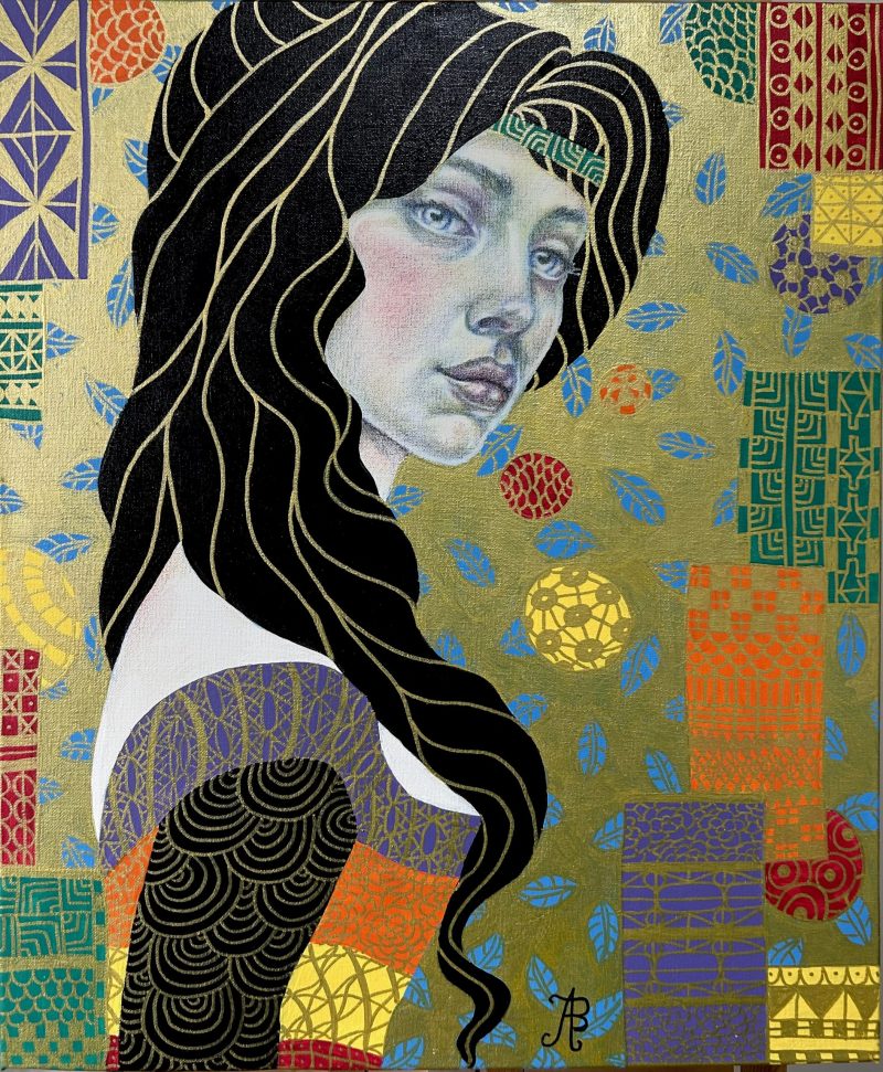 Delphine – portrait of a young woman, after Klimt, Art Nouveau, naive