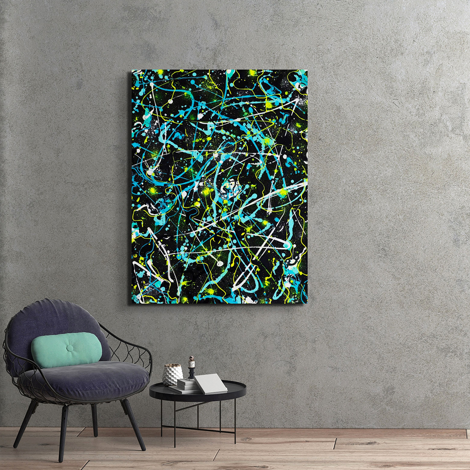 Alien Abstract Painting By Bridget Bradley Near Chair