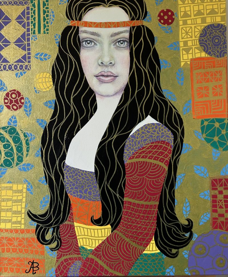 Boheme – portrait of a young woman, after Klimt, Art Nouveau, naive